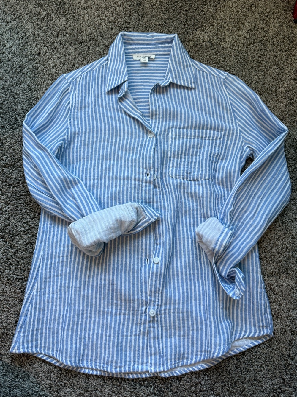 Beach Lunch Lounge Button-Down Linen Blend Shirt in Blue and White
